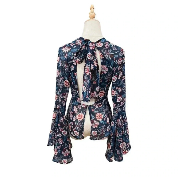 Odine Navy Blue Floral Print Long Sleeve Top Size S - Picture 4 of 7